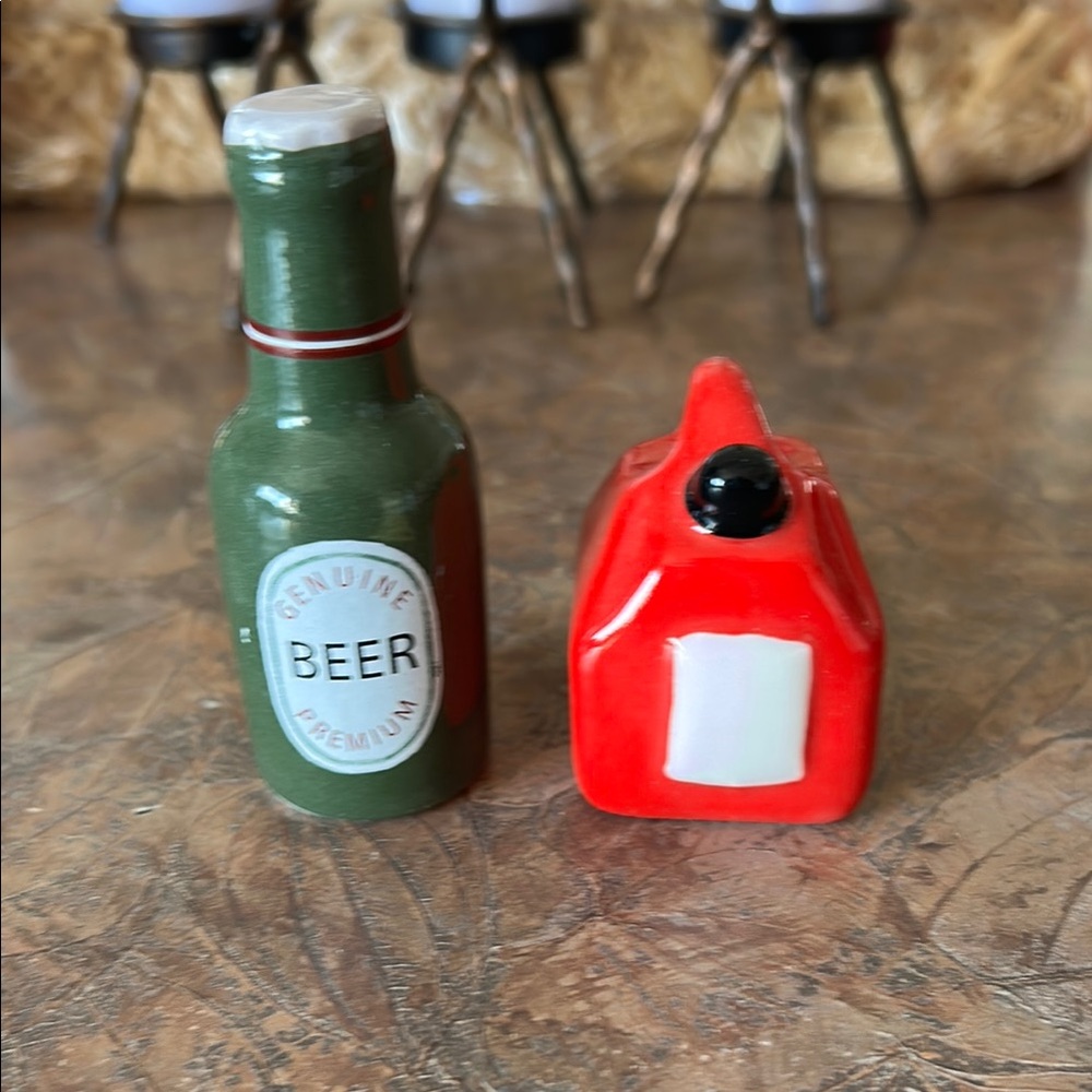 Genuine Premium Beer Bottle and Red Gas Can Salt and Pepper Shakers
